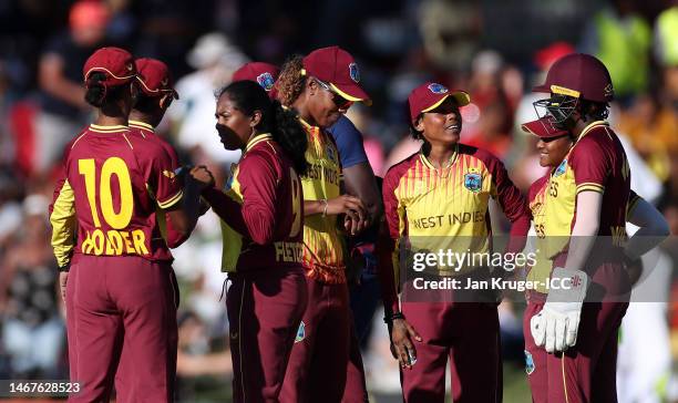 Afy Fletcher of West Indies celebrates the wicket of Nida Dar of Pakistan during the ICC Women's T20 World Cup group B match between Pakistan and...