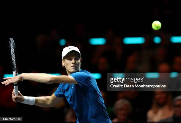 Jannik Sinner of Italy plays a forehand shot during the Men's Singles Final on the seventh and final day of the 50th ABN AMRO Open 2023 at Rotterdam...