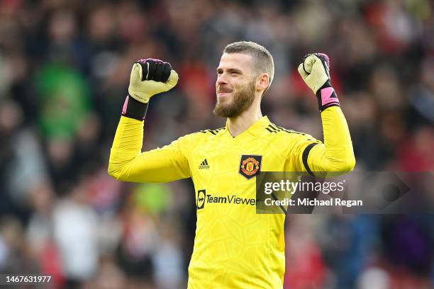 David De Gea of Manchester United celebrates victory after the Premier League match between Manchester United and Leicester City at Old Trafford on...