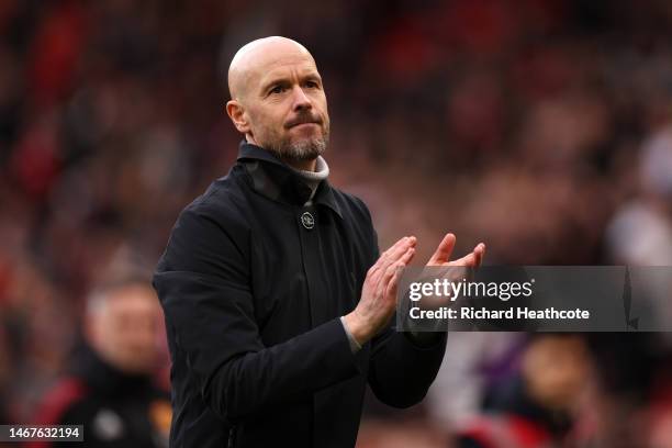 Erik ten Hag, Manager of Manchester United, applauds their fans after their side's victory during the Premier League match between Manchester United...