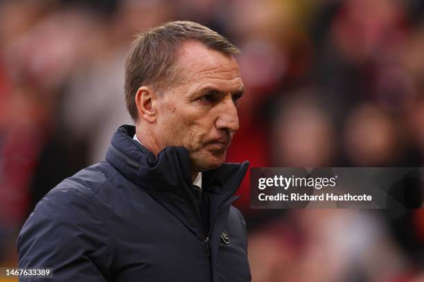 Brendan Rogers, Manager of Leicester City, looks on after their side's defeat during the Premier League match between Manchester United and Leicester...