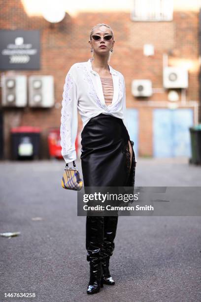 Betty Bachz is seen outside Christopher Kane during London Fashion Week February 2023 on February 19, 2023 in London, England.