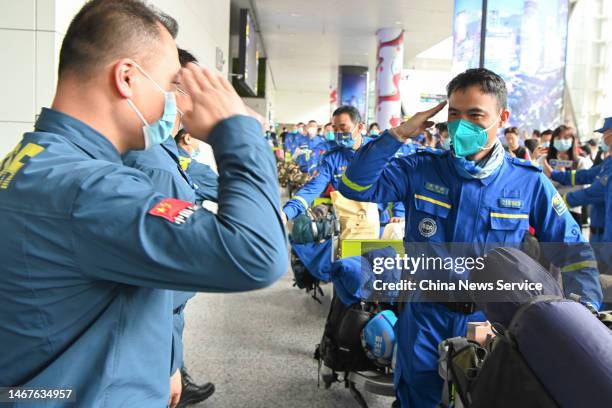 Members of Blue Sky Rescue team arrive at Guangzhou Baiyun International Airport after completing rescue and search mission in quake-hit Turkiye on...