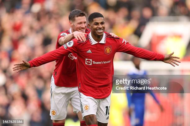 Marcus Rashford of Manchester United celebrates after scoring the team's second goal with teammate Wout Weghorst during the Premier League match...
