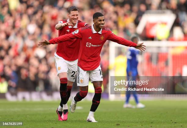 Marcus Rashford of Manchester United celebrates after scoring the team's second goal with teammate Wout Weghorst during the Premier League match...