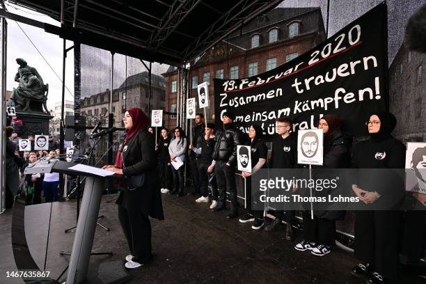 Nouha speaks for the 'Ferhat Unvar Bildungsinitiative' during a commemorate event for the 2020 mass shooting on February 19, 2023 in Hanau, Germany....
