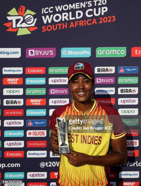Hayley Matthews of West Indies poses after being named Player of the Match following the ICC Women's T20 World Cup group B match between Pakistan and...