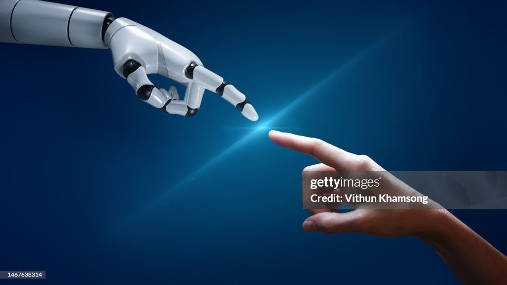 Artificial intelligence robot finger touching to human finger