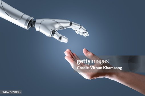 Artificial intelligence robot hand and human hand Artificial intelligence robot hand and human hand