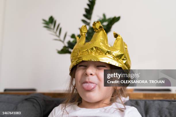 child girl portrait at home during party - princess party stock pictures, royalty-free photos & images