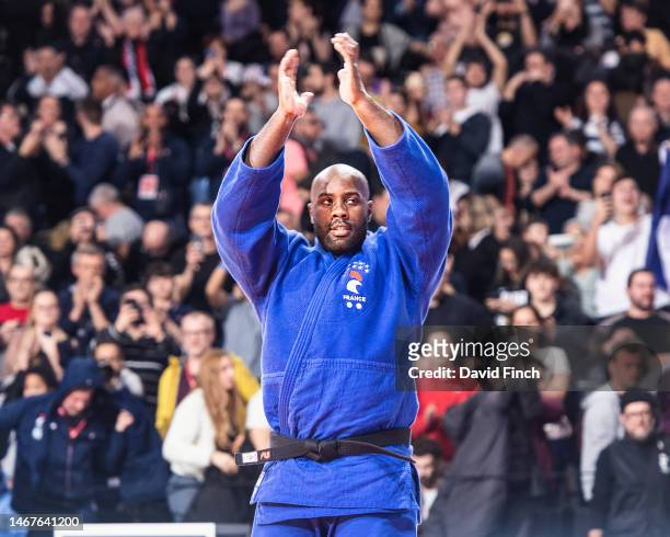 Olympic and World champion, Teddy Riner of France celebrates winning the o100kg gold medal after defeating Hyoga Ota of Japan by an ippon during day...