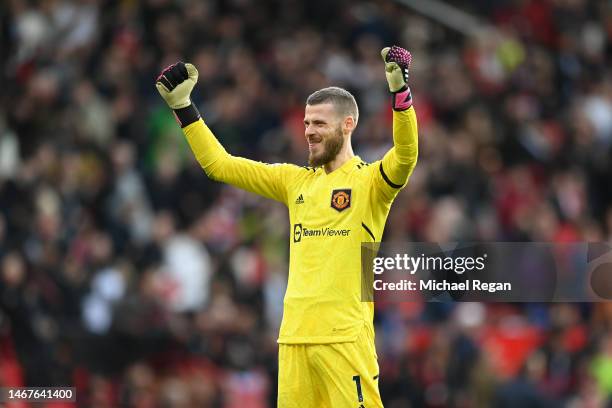 David de Gea of Manchester United celebrates during the Premier League match between Manchester United and Leicester City at Old Trafford on February...