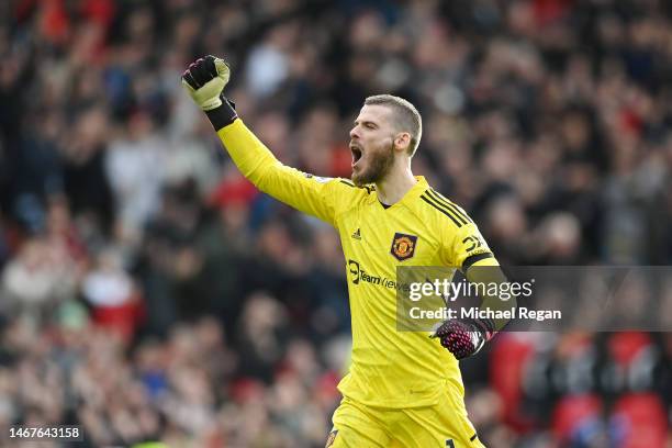 David de Gea of Manchester United celebrates during the Premier League match between Manchester United and Leicester City at Old Trafford on February...