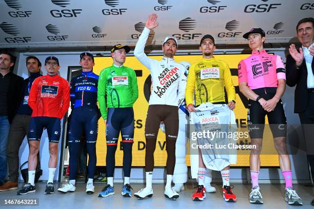 David Gaudu of France and Team Groupama – FDJ - Red Mountain Jersey, Romain Grégoire of France and Team Groupama – FDJ Most Combative Rider, Mattias...