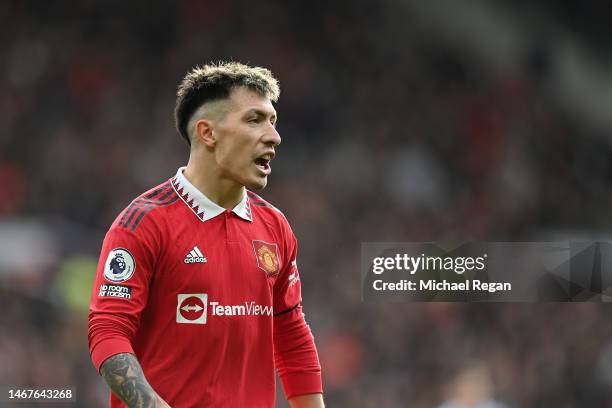 Lisandro Martinez of Manchester United looks on during the Premier League match between Manchester United and Leicester City at Old Trafford on...