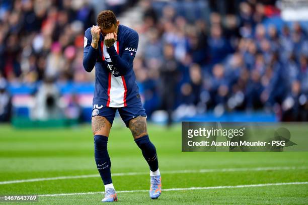 Neymar Jr of Paris Saint-Germain reacts after scoring during the Ligue 1 match between Paris Saint-Germain and Lille OSC at Parc des Princes on...