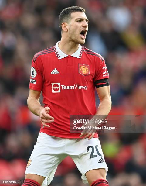 Diogo Dalot of Manchester United looks on during the Premier League match between Manchester United and Leicester City at Old Trafford on February...