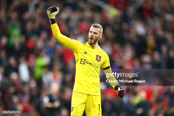 David de Gea of Manchester United celebrates during the Premier League match between Manchester United and Leicester City at Old Trafford on February...