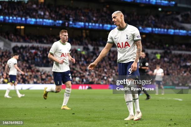 Richarlison of Tottenham Hotspur reacts during the Premier League match between Tottenham Hotspur and West Ham United at Tottenham Hotspur Stadium on...