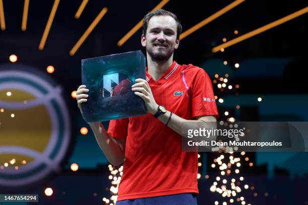 Daniil Medvedev celebrates with the trophy after winning the Men's Singles Final on the seventh and final day of the 50th ABN AMRO Open 2023 at...
