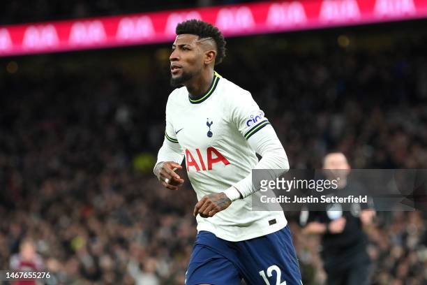 Emerson of Tottenham Hotspur celebrates after scoring the team's first goal during the Premier League match between Tottenham Hotspur and West Ham...