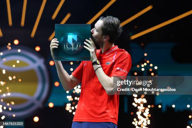 Daniil Medvedev celebrates with the trophy after winning the Men's Singles Final on the seventh and final day of the 50th ABN AMRO Open 2023 at...