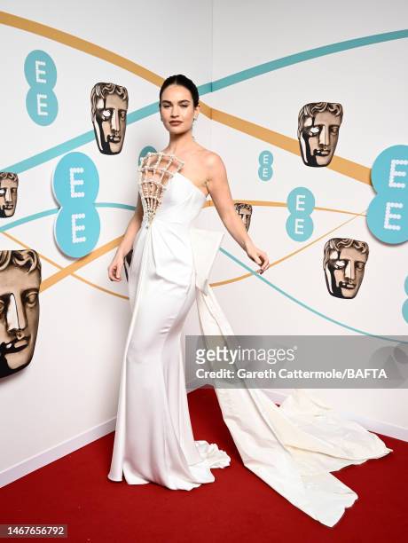 Lily James attends the EE BAFTA Film Awards 2023 at The Royal Festival Hall on February 19, 2023 in London, England.