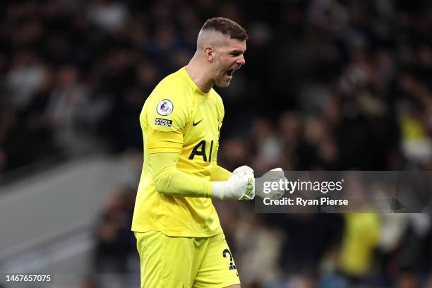 Fraser Forster of Tottenham Hotspur reacts after Emerson of Tottenham Hotspur scores their side's first goal during the Premier League match between...