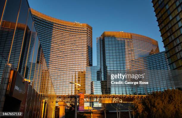 The Aria Hotel & Casino, located next to The Crystals, a futuristic upscale shopping mall at the CityCenter, is viewed on February 10, 2023 in Las...