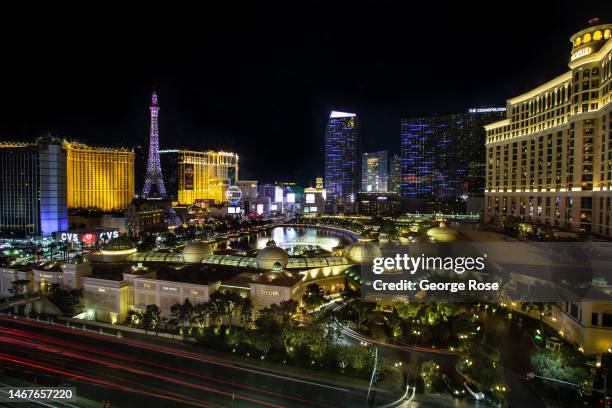 The Las Vegas Strip and Bellagio Water Fountain Show is viewed after dark on February 10, 2023 in Las Vegas, Nevada. Las Vegas will play host to the...