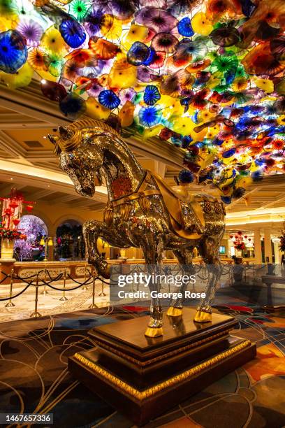 Glass ceiling sculpture by artist Dale Chihuly is viewed in the lobby of the Bellagio Hotel & Casino on February 10, 2023 in Las Vegas, Nevada. Las...
