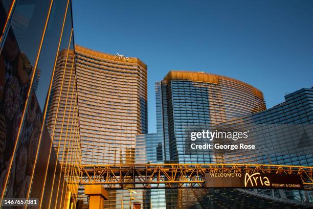 The Aria Hotel & Casino, located next to The Crystals, a futuristic upscale shopping mall at the CityCenter, is viewed on February 10, 2023 in Las...