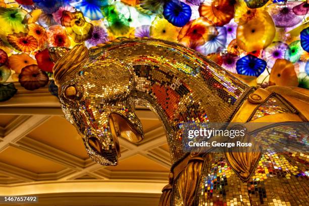 Glass ceiling sculpture by artist Dale Chihuly is viewed in the lobby of the Bellagio Hotel & Casino on February 10, 2023 in Las Vegas, Nevada. Las...