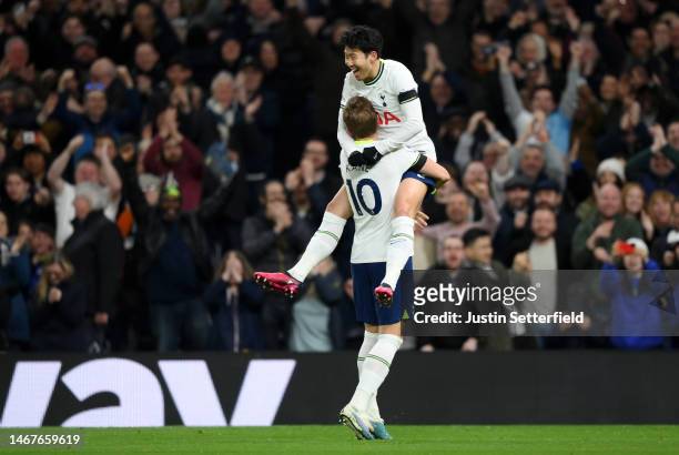 Son Heung-Min of Tottenham Hotspur celebrates after scoring the team's second goal with teammate Harry Kane during the Premier League match between...