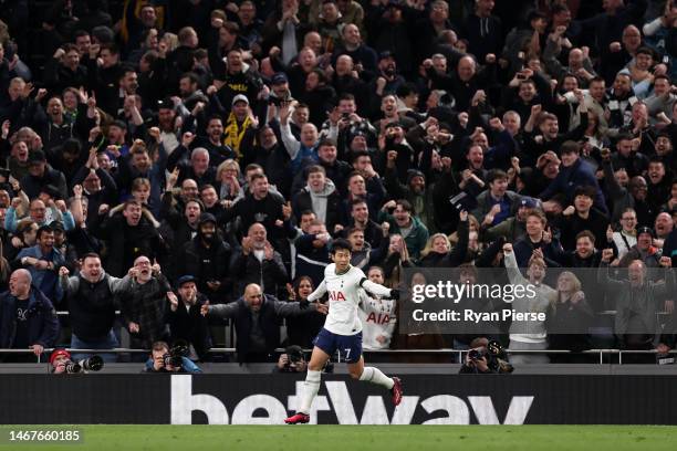 Son Heung-Min of Tottenham Hotspur celebrates after scoring the team's second goal during the Premier League match between Tottenham Hotspur and West...