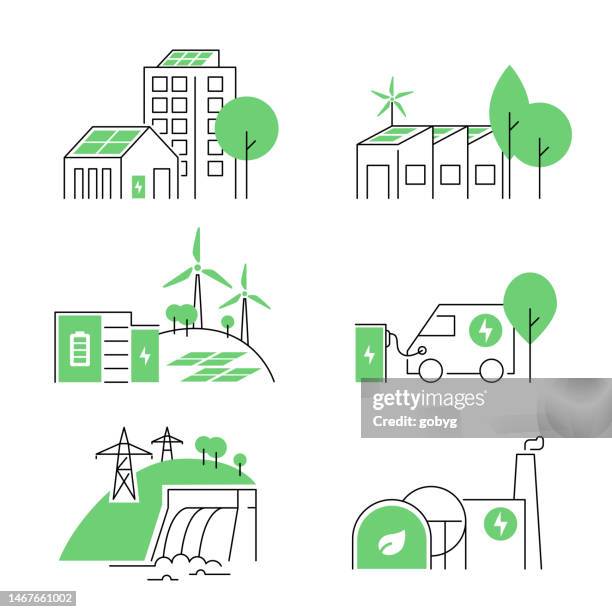 ilustrações de stock, clip art, desenhos animados e ícones de green electricity outline icons - painel solar