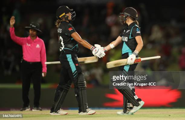 Amelia Kerr of New Zealand celebrates their half century during the ICC Women's T20 World Cup group A match between New Zealand and Sri Lanka at...