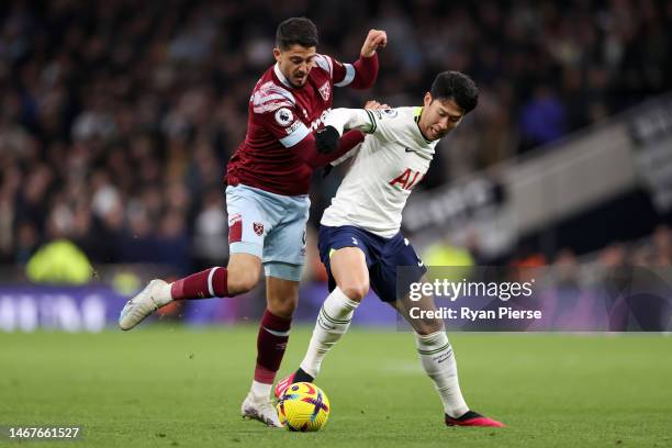 Son Heung-Min of Tottenham Hotspur is challenged by Pablo Fornals of West Ham United during the Premier League match between Tottenham Hotspur and...