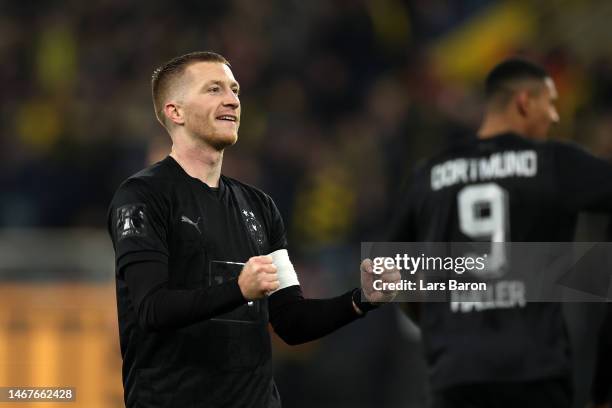 Marco Reus of Borussia Dortmund celebrates after scoring the team's third goal during the Bundesliga match between Borussia Dortmund and Hertha BSC...