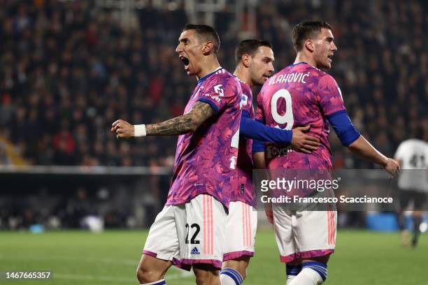 Angel Di Maria of Juventus FC celebrates after scoring his side's second goal of the match during the Serie A match between Spezia Calcio and...