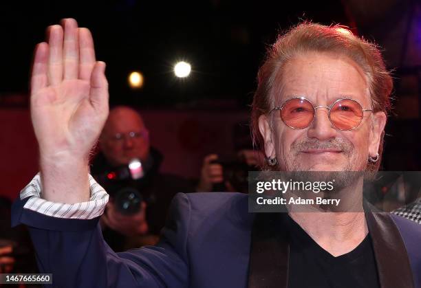 Irish rock singer Bono attends the "Kiss The Future" documentary film premiere during the 73rd Berlinale International Film Festival Berlin on...