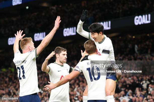 Son Heung-Min of Tottenham Hotspur celebrates with teammates after scoring his side's second goal during the Premier League match between Tottenham...