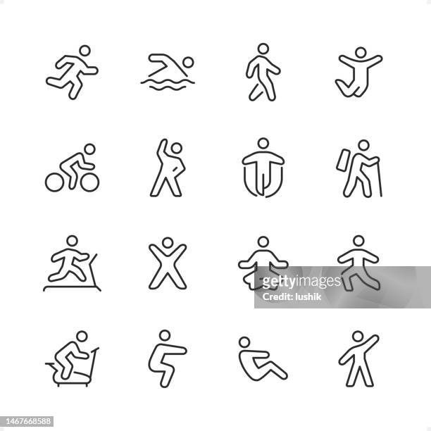 training und sport - pixel perfect line icon set, editierbares schlaggewicht. - heimtrainer stock-grafiken, -clipart, -cartoons und -symbole