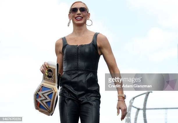 American professional wrestler Charlotte Flair walks onstage during pre-race ceremonies prior to during the NASCAR Cup Series 65th Annual Daytona 500...