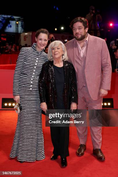 Vicky Krieps, Margarethe von Trotta and Ronald Zehrfeld attend the "Ingeborg Bachmann - Reise in die Wüste" premiere during the 73rd Berlinale...