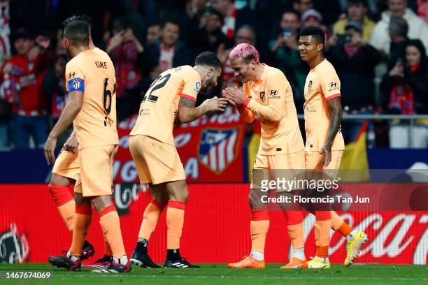 Antoine Griezmann of Atletico Madrid celebrates after scoring the team's first goal during the LaLiga Santander match between Atletico de Madrid and...