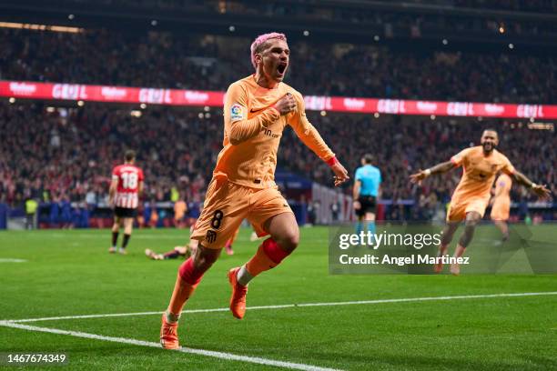 Antoine Griezmann of Atletico de Madrid celebrates after scoring the team's first goal during the LaLiga Santander match between Atletico de Madrid...