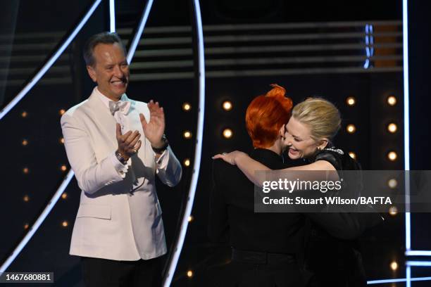 Cate Blanchett and the Fellowship winner, Sandy Powell on stage during the EE BAFTA Film Awards 2023 at The Royal Festival Hall on February 19, 2023...