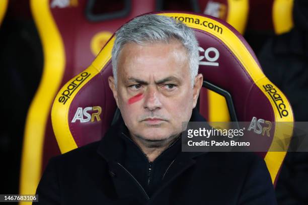 Jose Mourinho, Head Coach of AS Roma, looks on with a red mark on their face in support of the #UNROSSOALLAVIOLENZA - the WeWorld Violence Against...