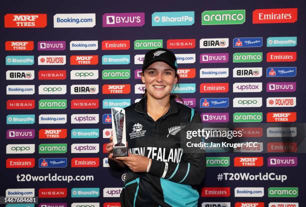 Amelia Kerr of New Zealand poses after being named Player of the Match following the ICC Women's T20 World Cup group A match between New Zealand and...